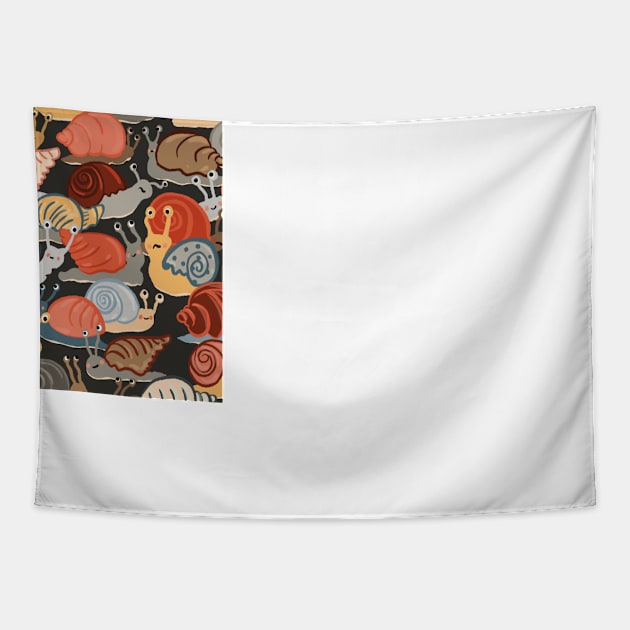 Snail Trail - repeat pattern of funny snails on dark brown Tapestry by NattyDesigns