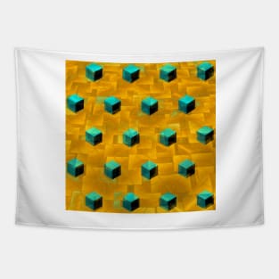 many turquoise cubes on a textured golden background Tapestry