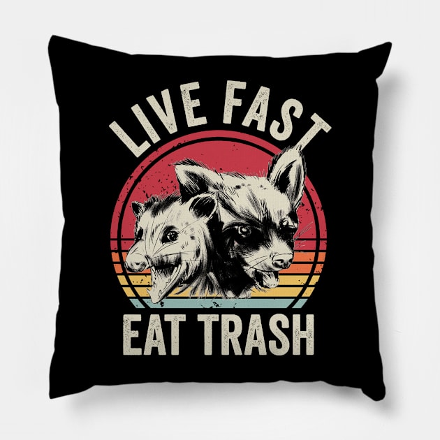 Live Fast Eat Trash Opossum Raccoon Pillow by Visual Vibes