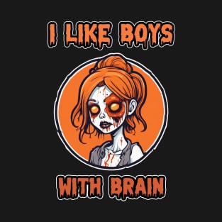 Zombie Girl Orange Pumpkin Color "I Like Boys With Brain" Cute Retro T-Shirt