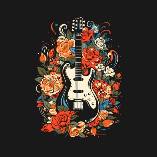 Electric Guitar Retro Red Orange Blue Wild Nature Flowers T-Shirt