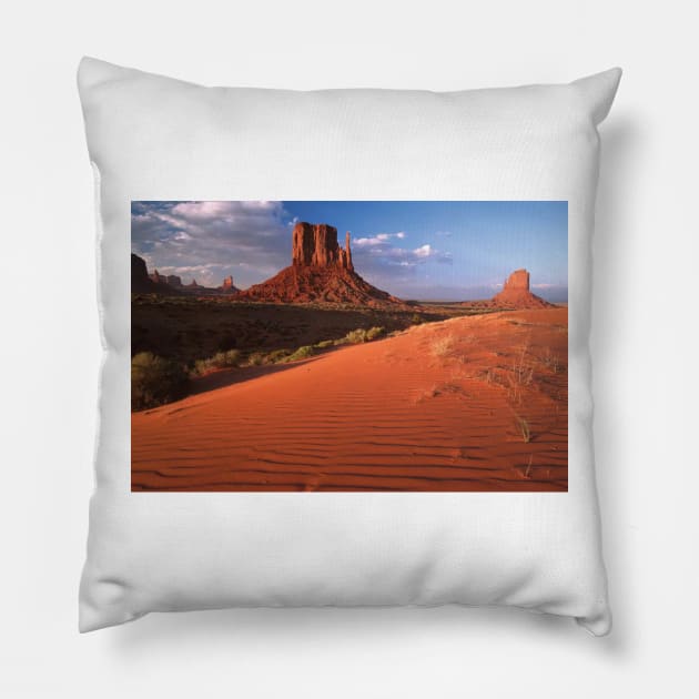 Sand Dunes And The Mittens Monument Valley Navajo Tribal Park Pillow by RhysDawson