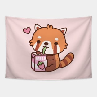 Cute Red Panda Loves Drinking Strawberry Milk Tapestry