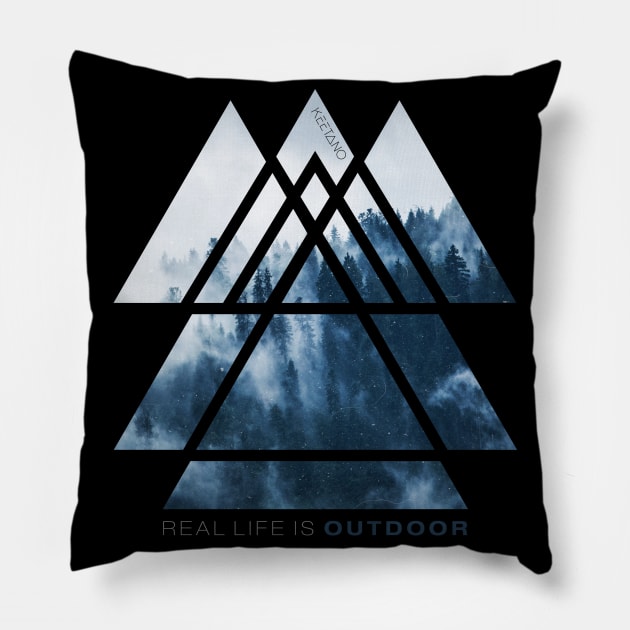 Blue Forest | Real Life Is Outdoor | Adventure & Wilderness Pillow by Keetano