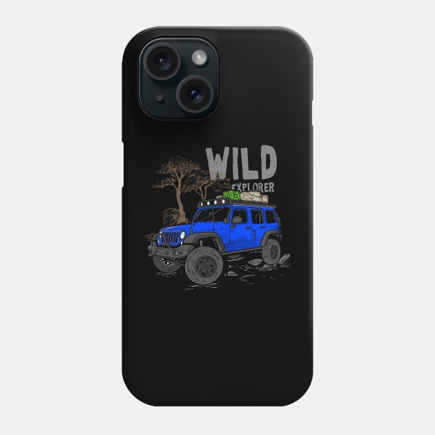 Wild Explorer Jeep - Adventure Blue Jeep Wild Explore for Outdoor enthusiasts Phone Case by 4x4 Sketch