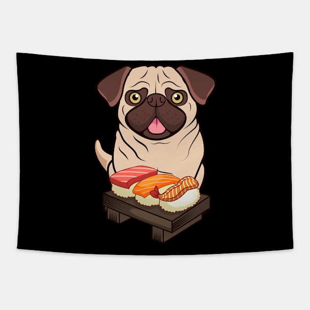 Chibi Anime Pug Dog Sushi Lover Tapestry by TheBeardComic