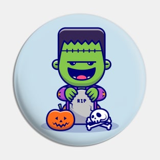 Cute Frankenstein laughing With Tombstones, Skulls, and  Pumpkin Halloween Cartoon Pin