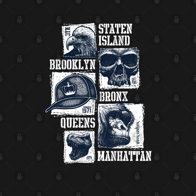 Five Boroughs new York City With Eagle, Skull, Gorilla, Dinosaur, Baseball cap. by Vanglorious Joy