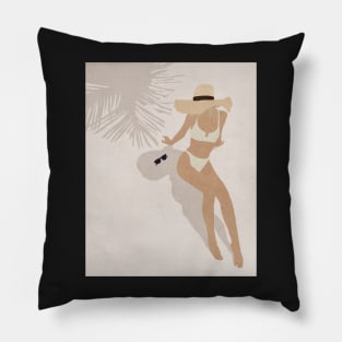Woman, Girl, On the beach, Under palm, Hat, Boho style art, Mid century art Pillow