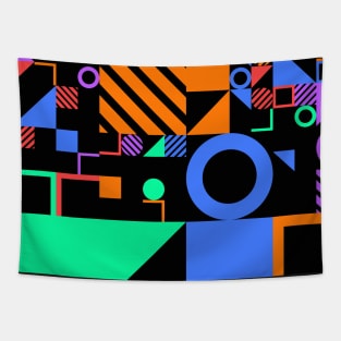 Colorful Neo Geo Squares Triangles and Circles in Black Green Yellow Blue Red Tapestry