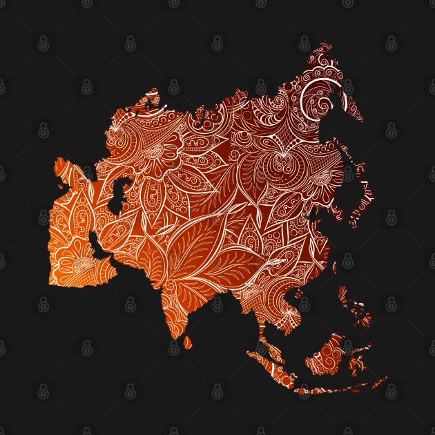 Colorful mandala art map of Asia with text in brown and orange by Happy Citizen