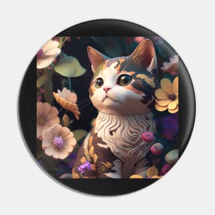 Cute Brown Kitten Flower Background | White, brown and red cat with blue eyes | Digital art Sticker Pin