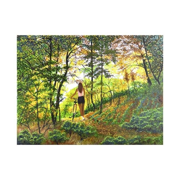 Woman girl with bicycle in woods zen yoga buddhism by Fantasyart123