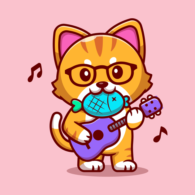 Cute Cat Playing Guitar With Fish Cartoon by Catalyst Labs