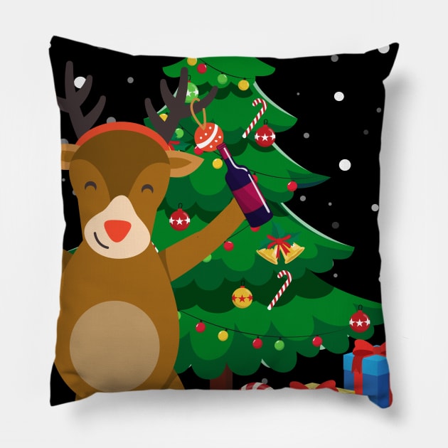 Funny Reindeer Drinking Wine Christmas Tree Pillow by maximel19722