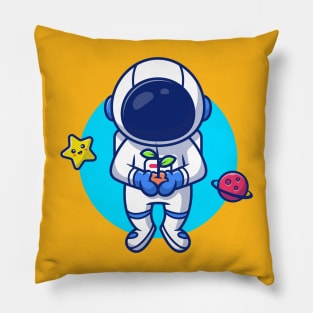 Astronaut Holding Plant In Space With Star And Planet Cartoon Pillow
