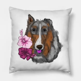 Rough collie with hibiscus flowers Pillow