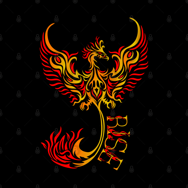 Rise up like a Phoenix from the ashes. Gold and Red Phoenix in a Tribal / Tattoo Art style by Designs by Darrin