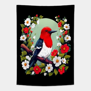 Cute Red Headed Woodpecker Surrounded by Vibrant Flowers Tapestry