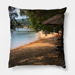 Scenic view on Mediterranean sea from beach cafe under fir trees and tiki bar Pillow