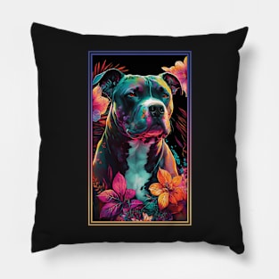 American Staffordshire Terrier Pitbull Vibrant Tropical Flower Tall Digital Oil Painting Portrait  6 Pillow