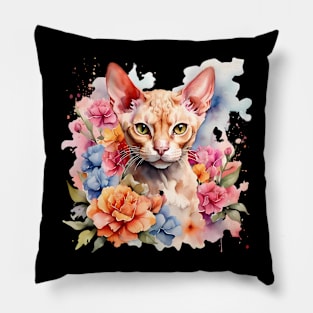 A devon rex cat decorated with beautiful watercolor flowers Pillow