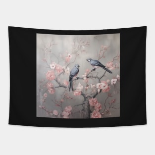 Grey and pink chinoiserie painting with birds and flowers Tapestry