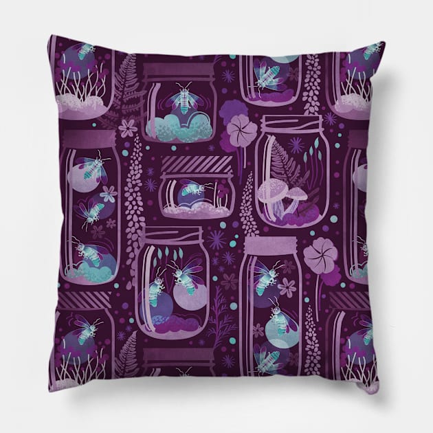 Glowing in the moss // pattern // purple background jars with lightning fireflies bugs quirky whimsical and bioluminescence lampyridae beetles Pillow by SelmaCardoso