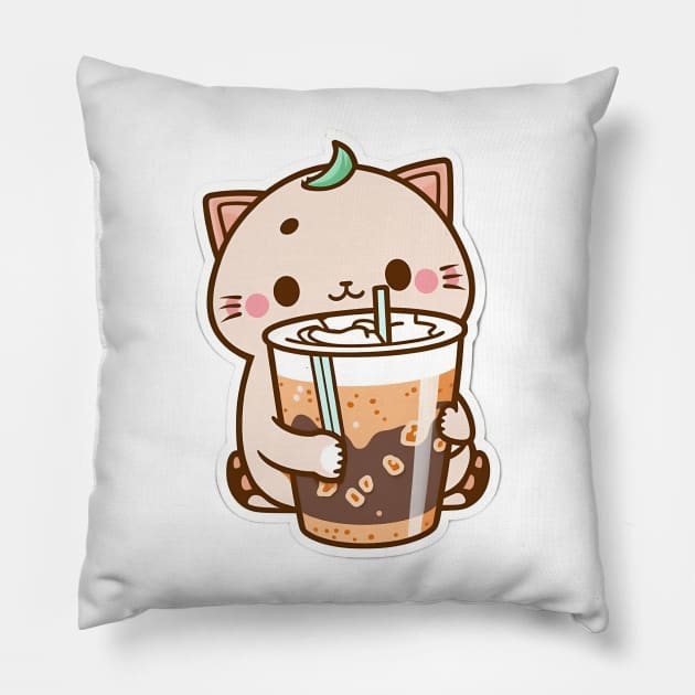 Cute Cat Drinking Bubble Tea Cartoon Boba Drawing Pillow by kiddo200