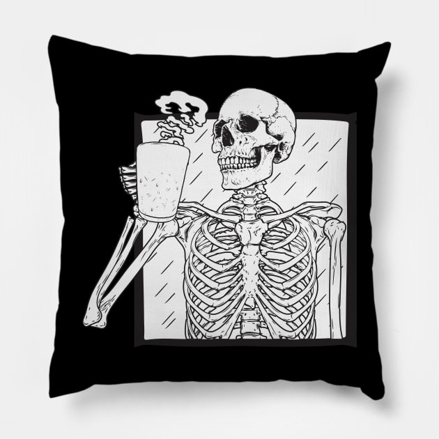 Skeleton Drinking Coffee Pillow by nmcreations