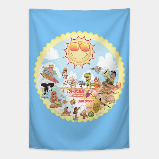 California Beach Paradise Tapestry by cartoonasaurus