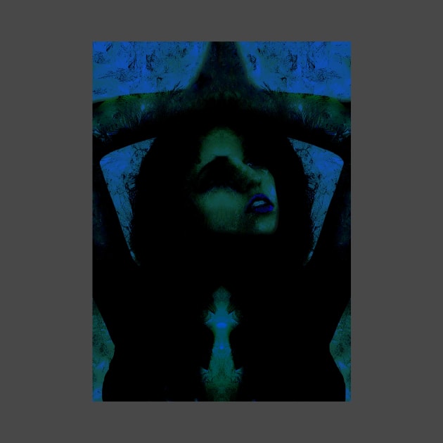 Portrait, digital collage, special processing. Beautiful but dark, like witch, woman. Tale. Blue, green and dim. by 234TeeUser234