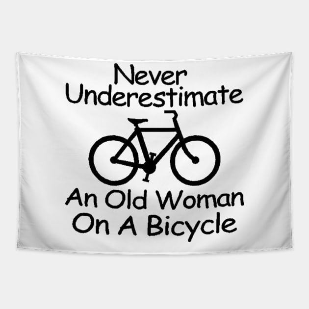 never understimate an old woman on a bicycle black Tapestry by omarbardisy