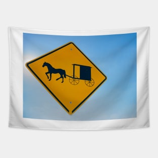 Amish traditional horse and buggy road sign yellow on blue background Tapestry