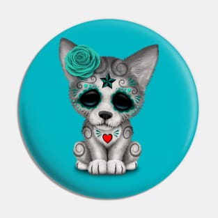 Blue Day of the Dead Sugar Skull Wolf Cub Pin