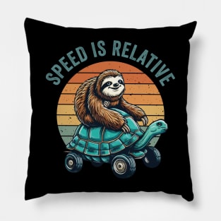 Funny Vintage Lazy Sloth Riding Tortoise Speed is Relative Pillow