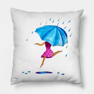 Girl Dancing in Rain With Umbrella Pillow