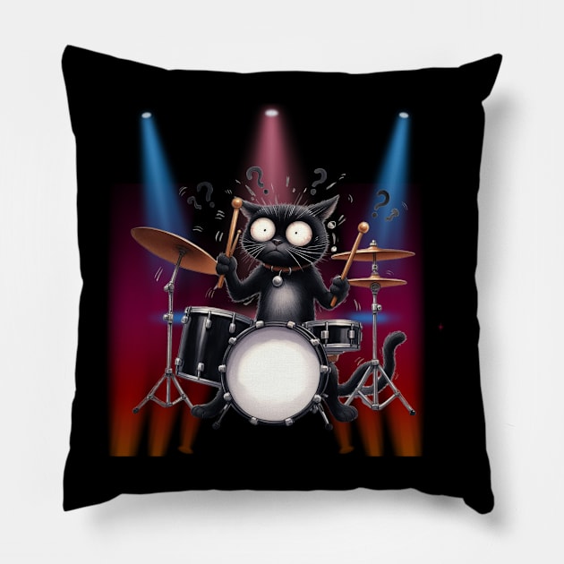 Funny Cat Percussion Drummer Drumming Drums Pillow by Positive Designer