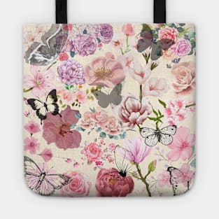 Vintage Flowers and Butterfly Floral Wallpaper Beige Background Tote