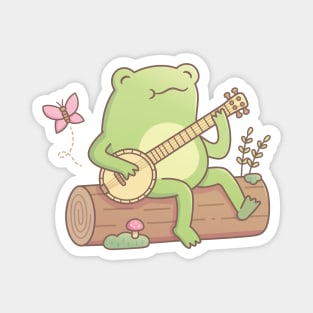 Cute Frog Playing Banjo On Wooden Log Magnet