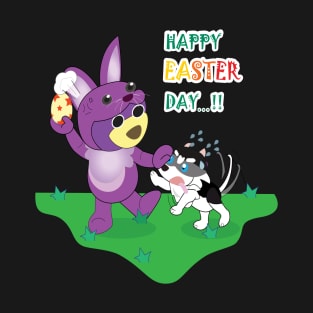 Happy easter's day, Bunny easter, Mr. Purple bear in Bunny easter costume with easter egg, Snowy the husky want to get easter egg, little husky dog, cute puppy, dog lover. T-Shirt