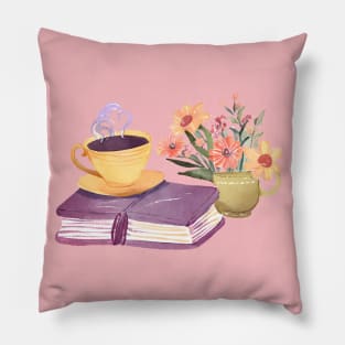 Cute Watercolor Flowers Books and Coffee Pillow