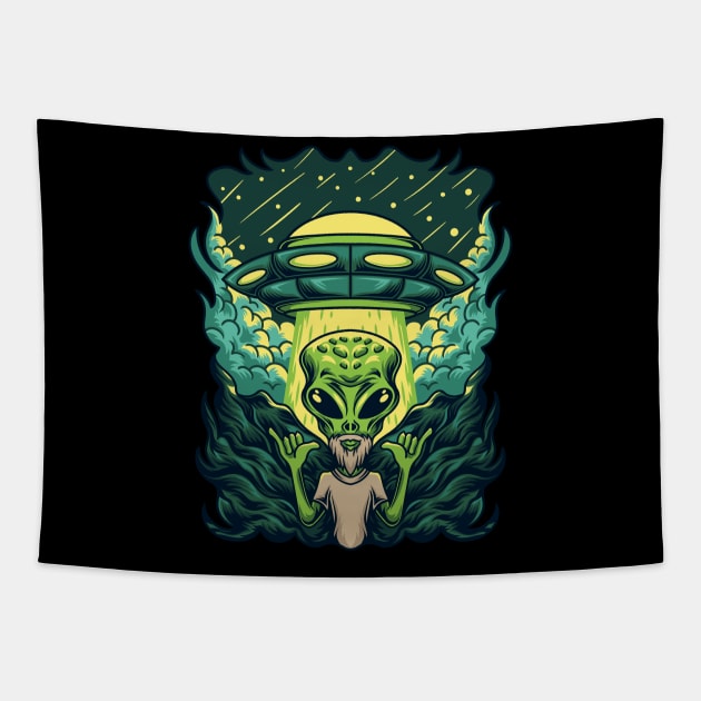 Bearded Hipster Surf Alien | Shaka Hang Loose Gesture UFO Tapestry by JakesRWild