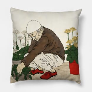 Asian painting. An elderly man plants flowers Pillow