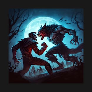 Cartoon image of a vampire vs. a werewolf fight at full moon. T-Shirt