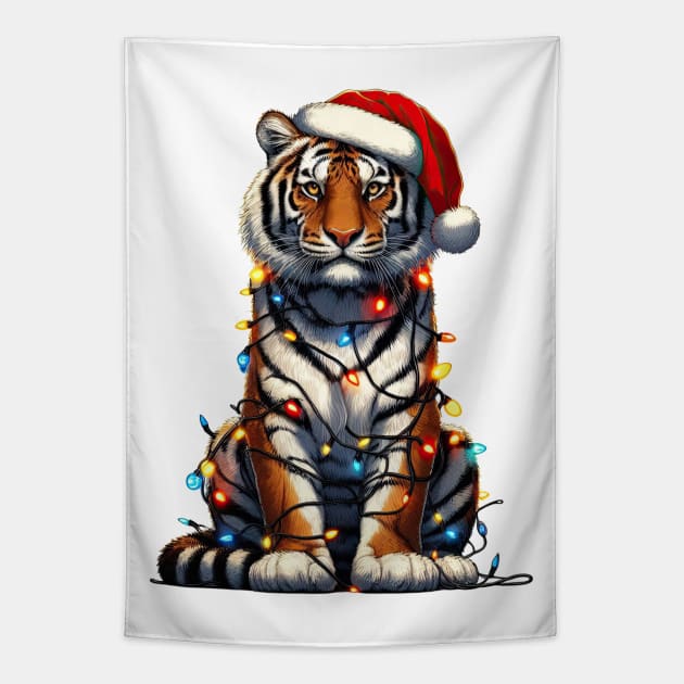 Tiger Wrapped In Christmas Lights Tapestry by Chromatic Fusion Studio