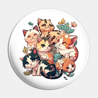 Cute Cat Family with Leaves and Flowers Pin