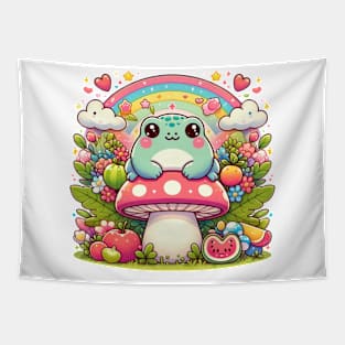 Enchanted Mushroom Meadow - Adorable Pastel Frog Fantasy Tapestry