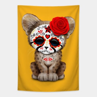 Red Day of the Dead Sugar Skull Cheetah Cub Tapestry