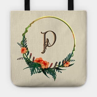 Circular frame with tropical flowers and girl figure on Letter P Tote